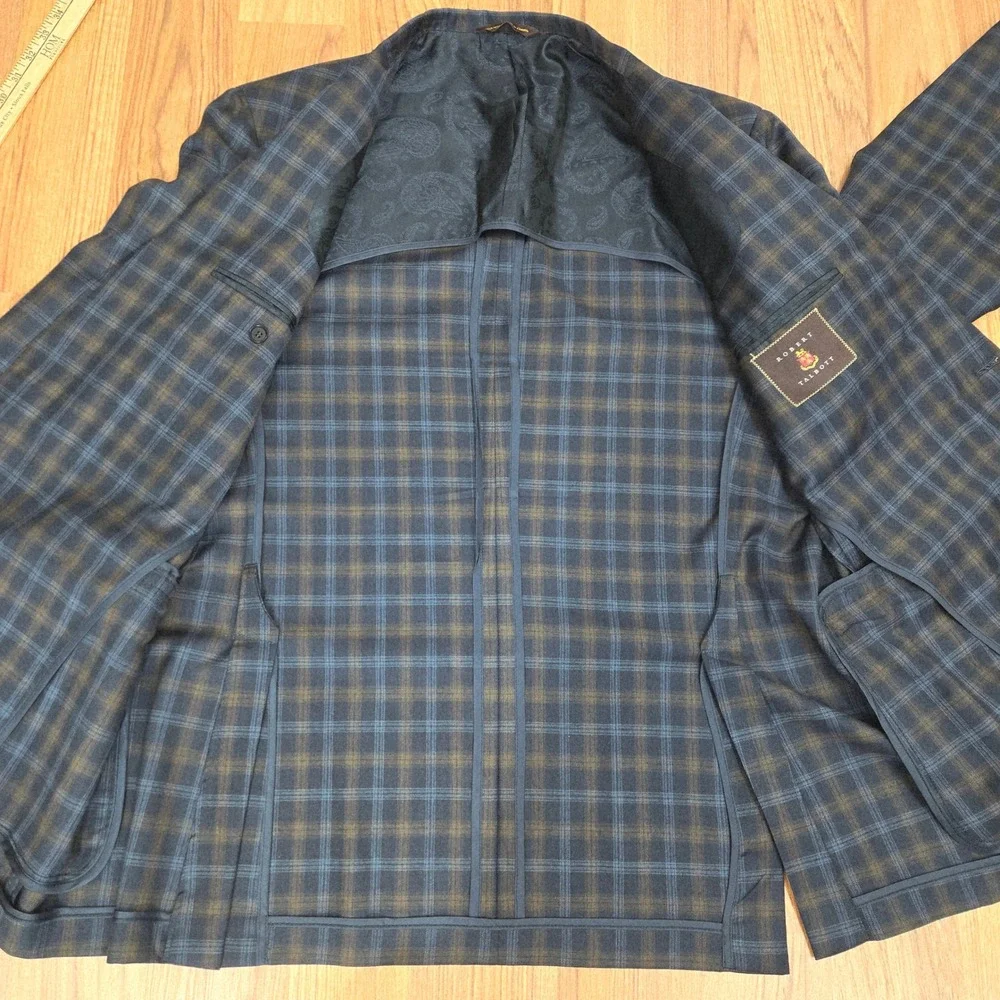 Robert Talbott Sport Coat 44T Blue Brown Plaid Carmel Unstructured Blazer 2002